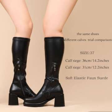Pixoecuty Women Black Knee High Boots - Stylish Platform Chunky Heel Dress Boots