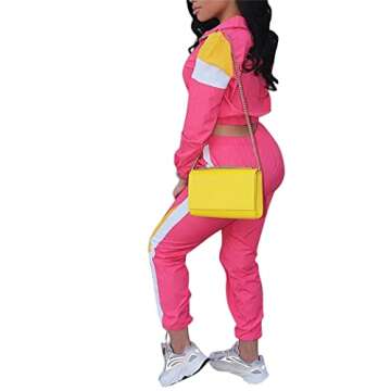 Women Colorblock 2 Piece Tracksuit Sets Long Sleeve High Waist Pants Sets Colour Sweatsuit Pink Large Size 6-8