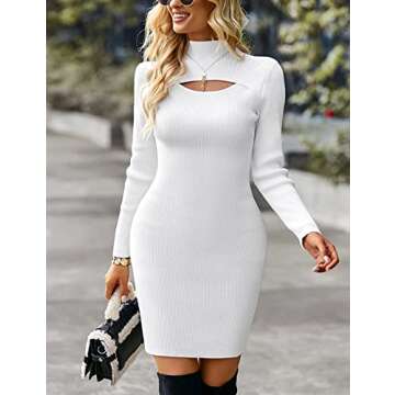 Zilcremo Women Long Sleeve Turtleneck Knit Stretch Slim Cutout Pullover Sweater Ribbed Bodycon Mini Sweater Dress White M
