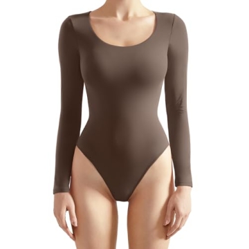 SUUKSESS Women Double Line Scoop Neck Thong Bodysuit Round Neck Long Sleeve Tops