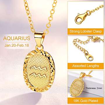 FOCALOOK Aquarius Zodiac Gold Necklace for Women