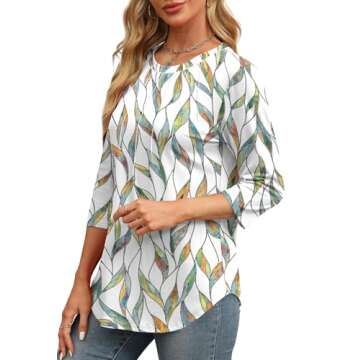 XIEERDUO 3/4 Length Sleeve Womens Tops Round Neck Pleated Tunic Tops for Women Loose Fit Dressy White Print Beach Summer Vacation Outfits Travel XL