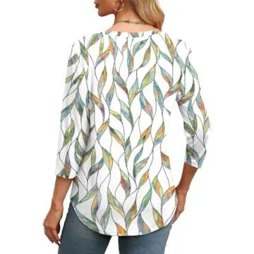 XIEERDUO 3/4 Length Sleeve Womens Tops Round Neck Pleated Tunic Tops for Women Loose Fit Dressy White Print Beach Summer Vacation Outfits Travel XL