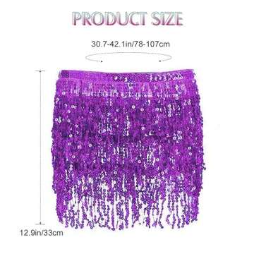 Victray Women Belly Dance Skirt Fringe Skirts Sparkly Sequin Hip Scarf Party Costume (Purple)