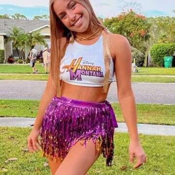 Victray Women Belly Dance Skirt Fringe Skirts Sparkly Sequin Hip Scarf Party Costume (Purple)