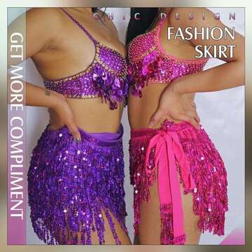 Victray Women Belly Dance Skirt Fringe Skirts Sparkly Sequin Hip Scarf Party Costume (Purple)