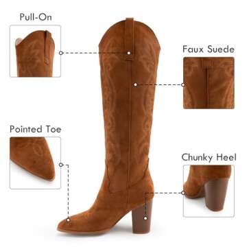 WIRALOMI Embroidered Cowboy Knee High Boots for Women Faux Suede Chunky Block Heel Western Knee High Boots Pull On Cowgirl Boots High Heel Boots