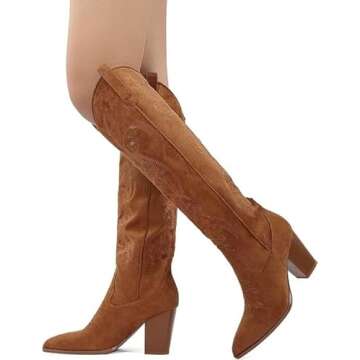 WIRALOMI Embroidered Cowboy Knee High Boots for Women Faux Suede Chunky Block Heel Western Knee High Boots Pull On Cowgirl Boots High Heel Boots
