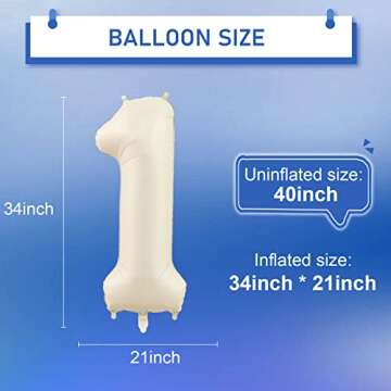 40 Inch White Sand Number Balloon Giant Foil Helium Balloons for Baby 1st Birthday Party Decorations...