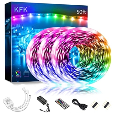 KFK Ultra Bright 50ft Led Light Strips for Bedroom, Bluetooth Color Changing String Lights with 450 ...