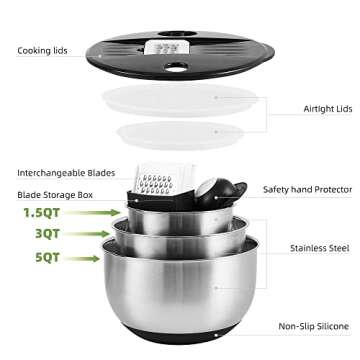 VEKAYA Mixing Bowls Set of 3, Stainless Steel Mixing Bowl with Airtight Lids, Metal Mixing Bowls with 5 Graters, Measurement Marks, Non-Slip Bottoms, Great for Mixing & Prepping, 5/3/1.5 QT (Black)