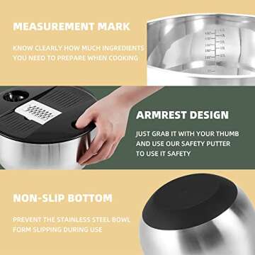 VEKAYA Mixing Bowls Set of 3, Stainless Steel Mixing Bowl with Airtight Lids, Metal Mixing Bowls with 5 Graters, Measurement Marks, Non-Slip Bottoms, Great for Mixing & Prepping, 5/3/1.5 QT (Black)