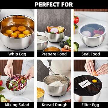 VEKAYA Mixing Bowls Set of 3, Stainless Steel Mixing Bowl with Airtight Lids, Metal Mixing Bowls with 5 Graters, Measurement Marks, Non-Slip Bottoms, Great for Mixing & Prepping, 5/3/1.5 QT (Black)