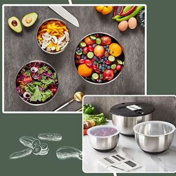 VEKAYA Mixing Bowls Set of 3, Stainless Steel Mixing Bowl with Airtight Lids, Metal Mixing Bowls with 5 Graters, Measurement Marks, Non-Slip Bottoms, Great for Mixing & Prepping, 5/3/1.5 QT (Black)