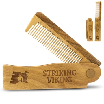 Striking Viking Folding Wooden Comb for Men - Sandalwood Switchblade Beard Comb for Grooming and Sty...