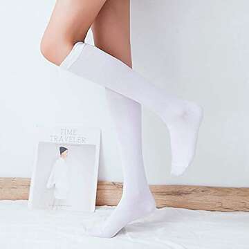 Senker Women's 4 Pairs Cotton Knee High Casual Solid Knit Socks, C White & Black, Large