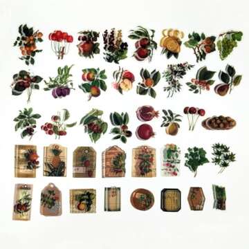 Esweny 200PCS Vintage Scrapbooking Supplies Pack, Aesthetic Scrapbook Sticker Paper Art Journaling Kit for Bullet Junk Journals,Planner,Cottagecore Decor Gifts (Fruits)