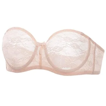 DOBREVA Women's No Padding Strapless Lace Bra Underwire Multiway See-Through Apricot Pink 38B