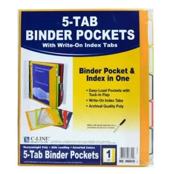 C-Line 5-Tab Binder Pockets with Write-On Index Tabs, Assorted Colors, 8.5 x 11 Inches, 5 Pockets per Set (06650)