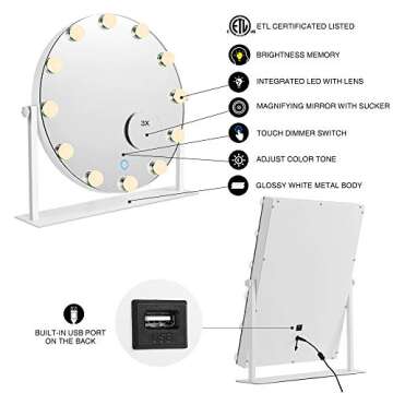 CITYMODA Large Vanity Mirror with Lights, Hollywood Lighted Makeup Mirror with 18 Dimmable LED Bulbs for Dressing Room & Bedroom,Tabletop Touch Control Screen with USB Charger Color Change