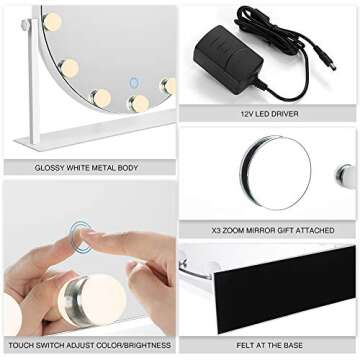 CITYMODA Large Vanity Mirror with Lights, Hollywood Lighted Makeup Mirror with 18 Dimmable LED Bulbs for Dressing Room & Bedroom,Tabletop Touch Control Screen with USB Charger Color Change