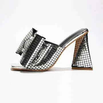 Cape Robbin Bow Metallic Heels for Women - Bow High Heels for Women - Disco Shoes Women - Chunky Block Heels with Bow Tie & Square Open Toe Discoball