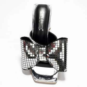 Cape Robbin Bow Metallic Heels for Women - Bow High Heels for Women - Disco Shoes Women - Chunky Block Heels with Bow Tie & Square Open Toe Discoball