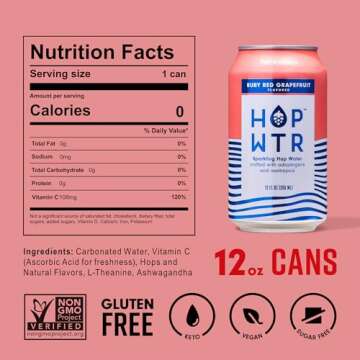 HOP WTR Sparkling Hop Water, Ruby Red Grapefruit 12 Pack, Sugar Free, Low Carb Non Alcoholic Drinks, NA Beer, Adaptogen Drink, No Calories, Adaptogens & Nootropics for Added Benefits, 12 oz Cans