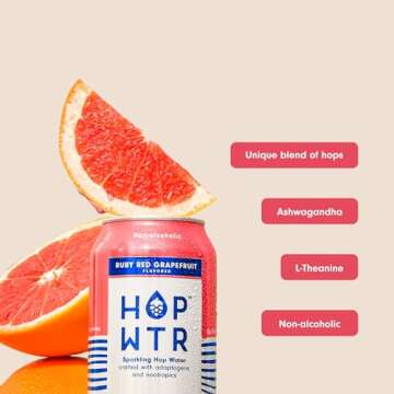 HOP WTR Sparkling Hop Water, Ruby Red Grapefruit 12 Pack, Sugar Free, Low Carb Non Alcoholic Drinks, NA Beer, Adaptogen Drink, No Calories, Adaptogens & Nootropics for Added Benefits, 12 oz Cans