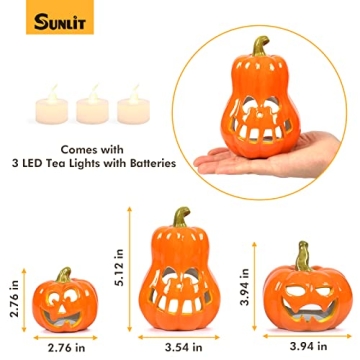 Sunlit Ceramic Pumpkin Set with Tea Lights - Halloween Decor