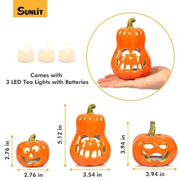 Sunlit Ceramic Pumpkin Set with Tea Lights - Halloween Decor