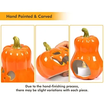 Sunlit Ceramic Pumpkin Set with Tea Lights - Halloween Decor