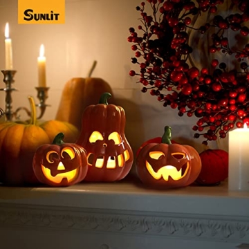Sunlit Ceramic Pumpkin Set with Tea Lights - Halloween Decor