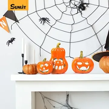 Sunlit Ceramic Pumpkin Set with Tea Lights - Halloween Decor