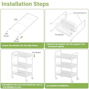 JANE EYRE 3-Tier Rolling Utility Storage Rack Cart on Wheels, Trolley Craft cart, Multi-Purpose Organizer Shelf, White
