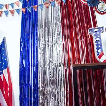 LOLStar 4th of July Decorations,Red White and Blue 3 Pack Tinsel Foil Fringe Curtains,4th of July Photo Booth Prop Streamer Backdrop for America Patriotic Party,Memorial Day,Independence Day,Labor Day