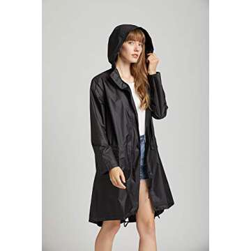 Freesmily Women Long Raincoat Waterproof Rain Jacket with Hood Zipper and Pockets Outdoors (black, XL)
