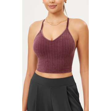 ODODOS Seamless Padded Sports Bra for Women Strappy Longline Wirefree Brami Ribbed Crop Tank Tops, Washing Wine, Medium/Large