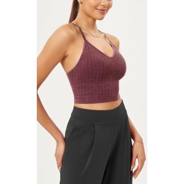 ODODOS Seamless Padded Sports Bra for Women Strappy Longline Wirefree Brami Ribbed Crop Tank Tops, Washing Wine, Medium/Large