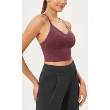 ODODOS Seamless Padded Sports Bra for Women Strappy Longline Wirefree Brami Ribbed Crop Tank Tops, Washing Wine, Medium/Large