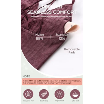 ODODOS Seamless Padded Sports Bra for Women Strappy Longline Wirefree Brami Ribbed Crop Tank Tops, Washing Wine, Medium/Large