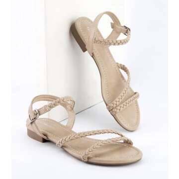 Greatonu Women's Flat Sandals Summer Braided Slip On Gladiator Sandals Open Toe Strappy Slingback Shoes Beige Size 7