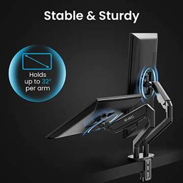 EVEO Premium Dual Monitor Mount 14"-32” Dual Monitor Arm VESA Bracket Adjustable Height Gas Spring Dual Monitor Stand, Screen Full Motion Dual Monitor Arm-Computer Monitor Stand for 2 Screens - Black