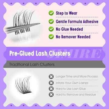 JIMIRE Self Adhesive Eyelashes Natural Look 9-12MM Wispy Pre Glued Lash Clusters No Glue Needed Press on Lashes Clusters Reusable Invisible Band Eyelash Clusters Easy to Apply