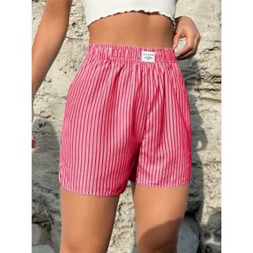 SOLY HUX Women's Y2K Striped Boxer Shorts Elastic High Waisted Straight Leg Workout Gym Shorts Red Letter S
