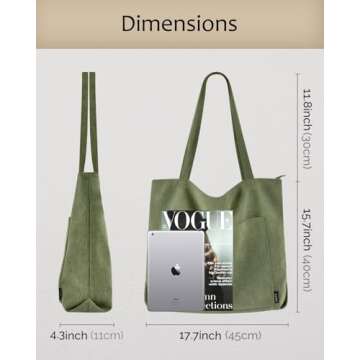 Prite Corduroy Tote Bag for Women Large Shoulder Bag with Zipper and Pockets for College Work Travel Shopping(Green)