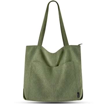 Prite Corduroy Tote Bag for Women Large Shoulder Bag with Zipper and Pockets for College Work Travel Shopping(Green)