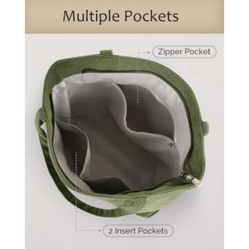 Prite Corduroy Tote Bag for Women Large Shoulder Bag with Zipper and Pockets for College Work Travel Shopping(Green)