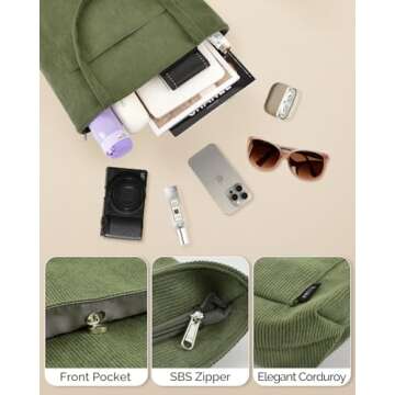 Prite Corduroy Tote Bag for Women Large Shoulder Bag with Zipper and Pockets for College Work Travel Shopping(Green)