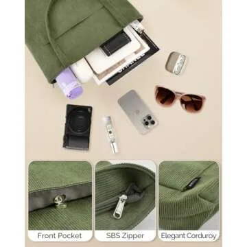 Prite Corduroy Tote Bag for Women Large Shoulder Bag with Zipper and Pockets for College Work Travel Shopping(Green)